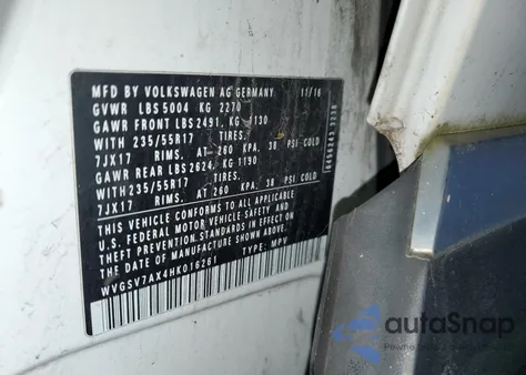 2017 Volkswagen Tiguan Wolfsburg from USA, damaged, VIN WVGSV7AX4HK016261